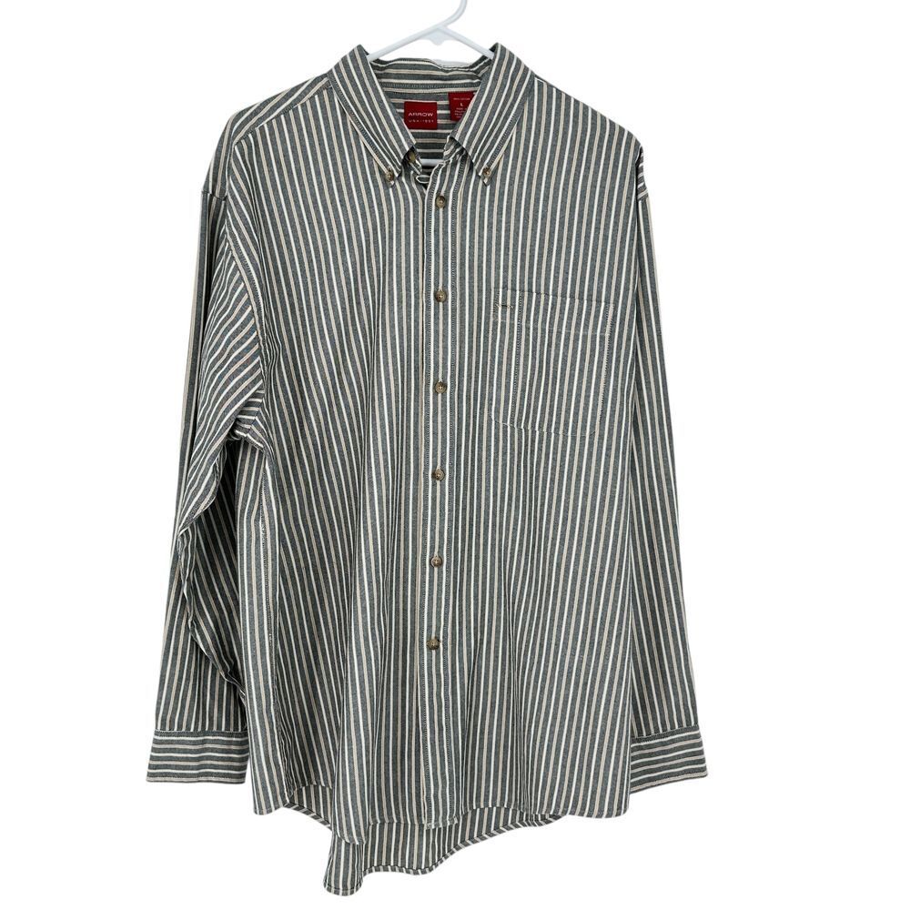 Arrow Men's Striped Button Down Long Sleeve Dress Shirt Gray Tan White SZ L